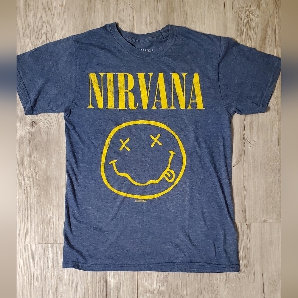 NIRVANA Blue Yellow Smiley Face Short Sleeve Tee Men's Size Small